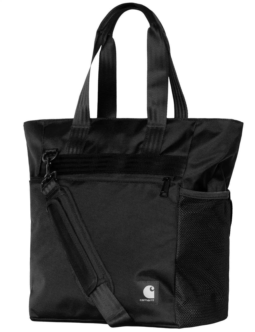 Black tote bag with mesh side pocket panel, front zip, and Carhartt logo