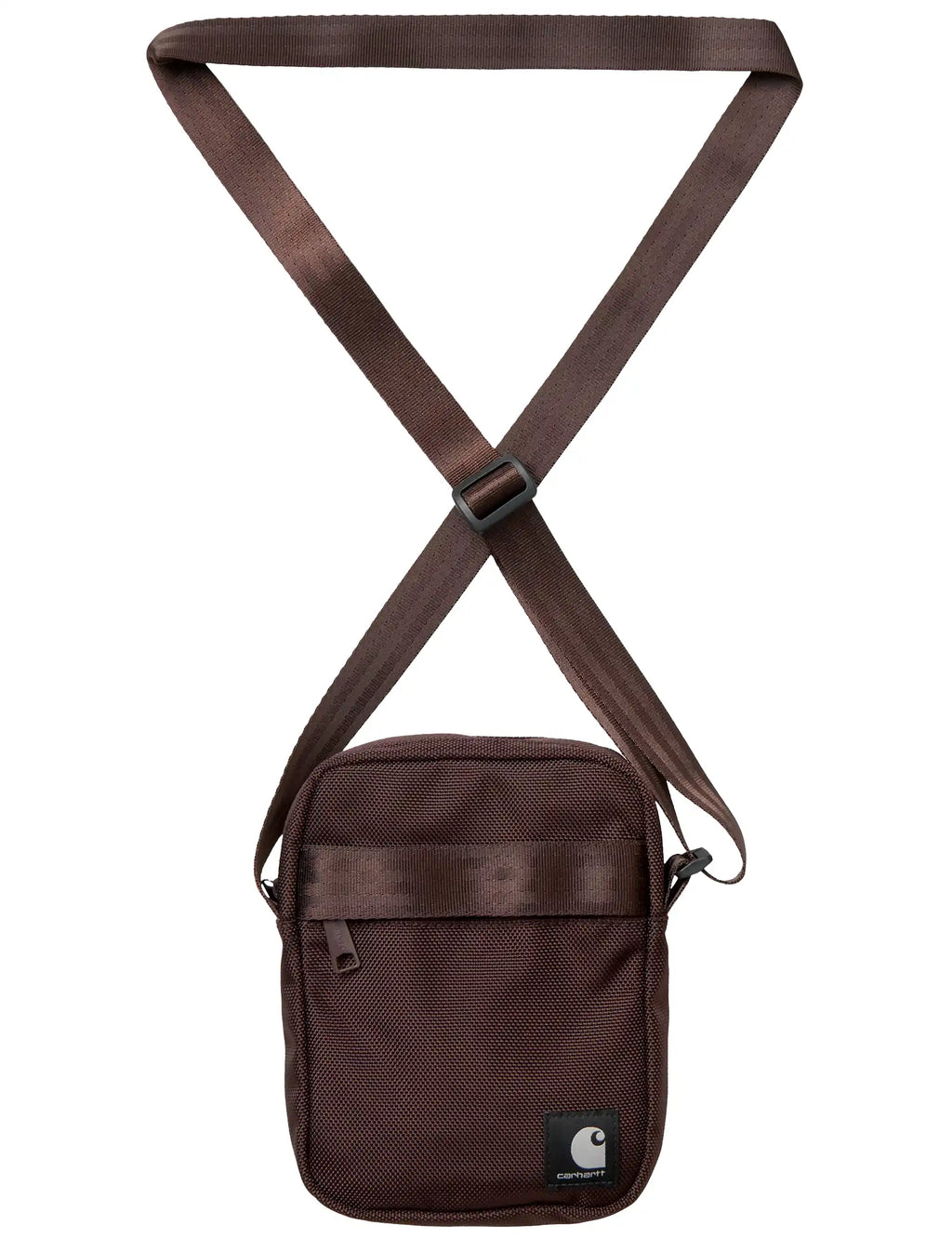 Dark brown small crossbody bag with zip top and logo patch