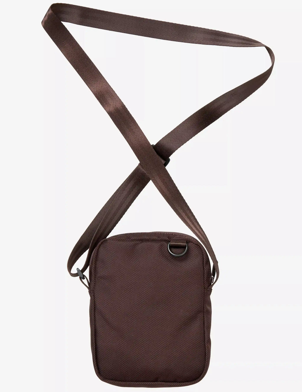 Dark brown compact shoulder bag with curved top flap and front zip