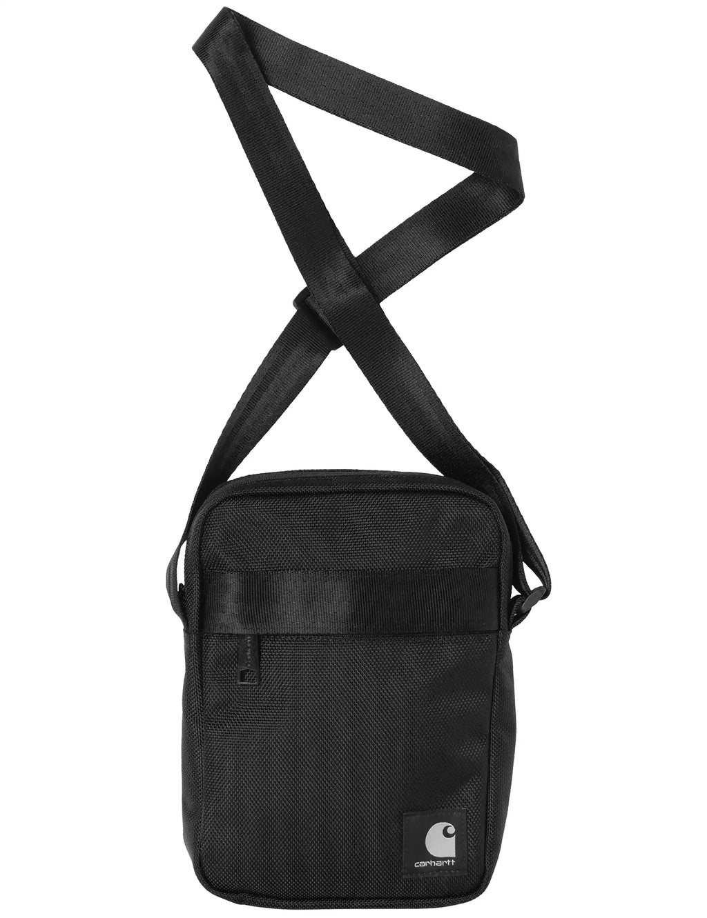 Black textured shoulder bag with adjustable strap and front zip pocket