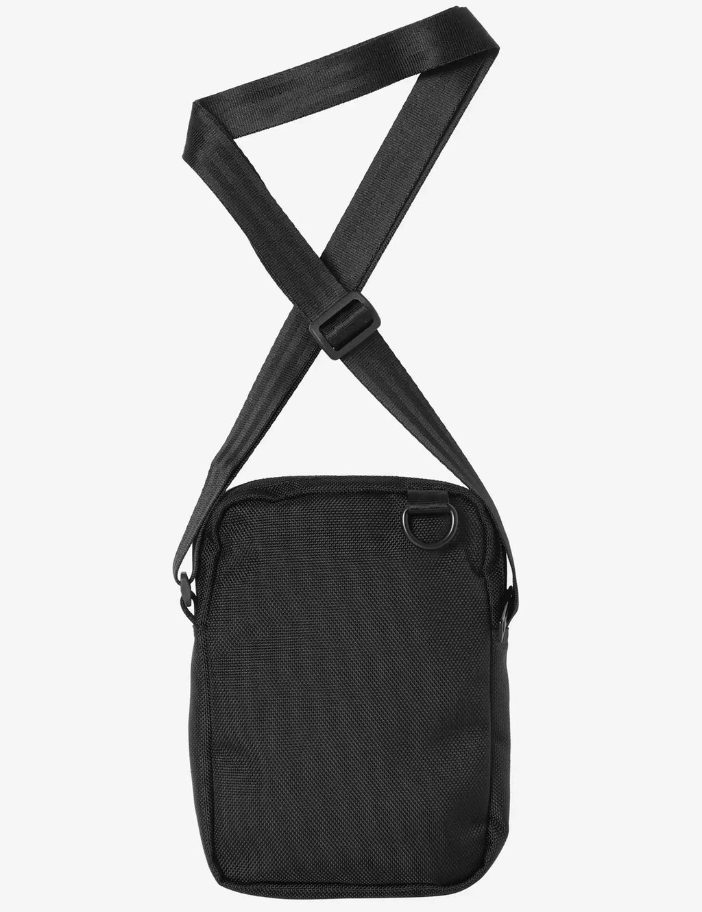 Black textured shoulder bag with adjustable strap and front zipper closure