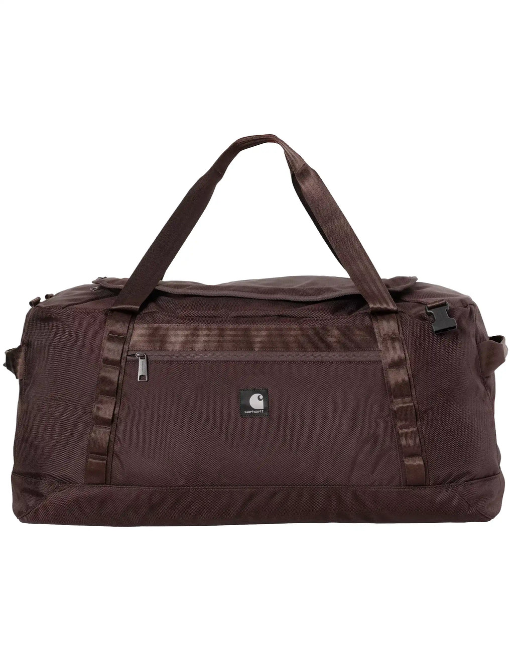 Large duffle bag in dark brown with top handles and front zip pocket