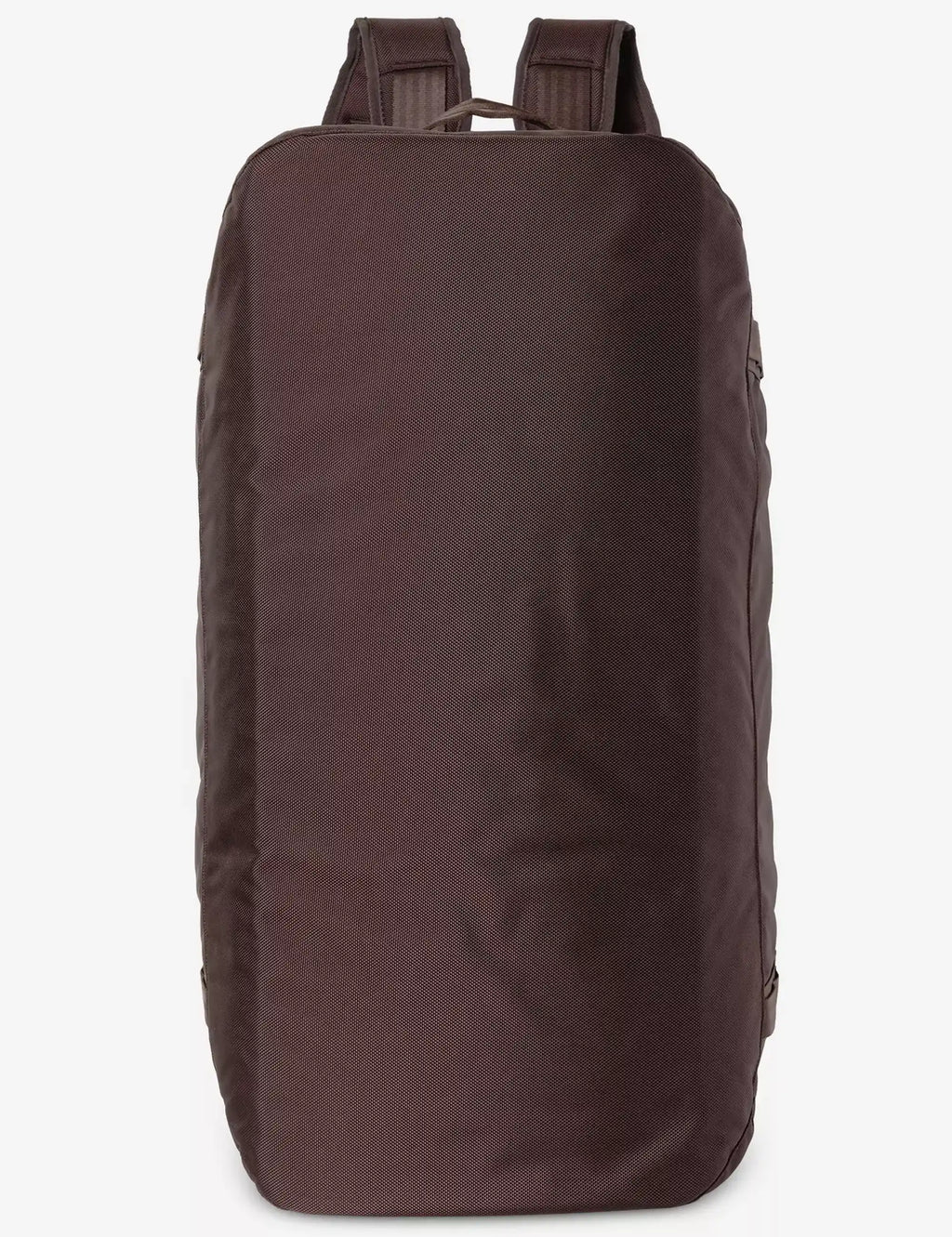 Large upright duffle bag in dark brown with side panel and carry straps