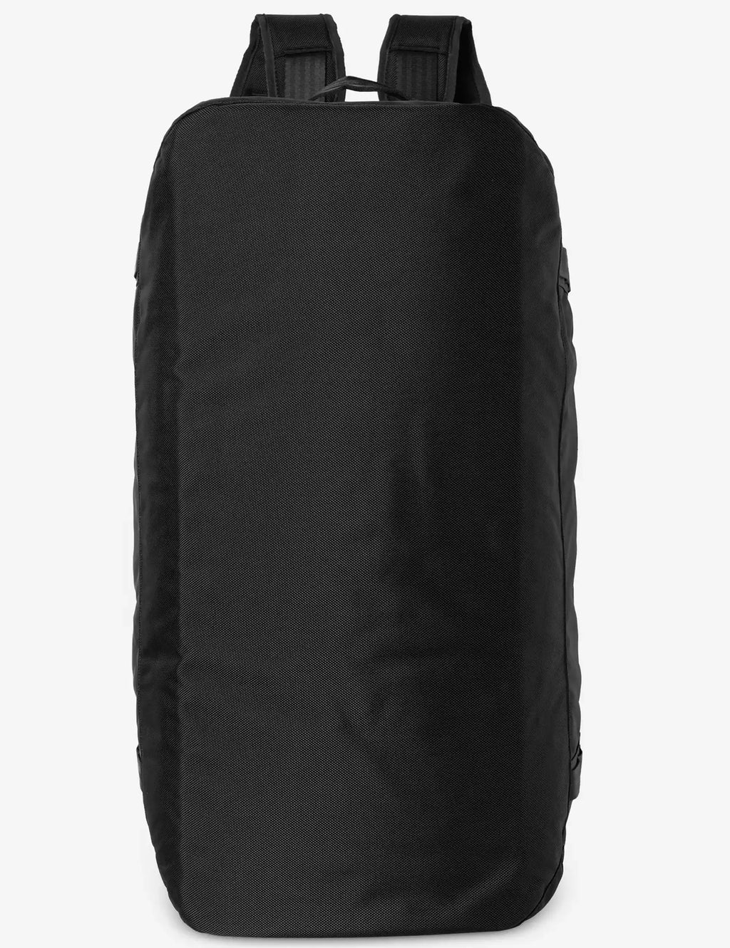 Black large duffle bag, tall profile, with front handle straps and side straps