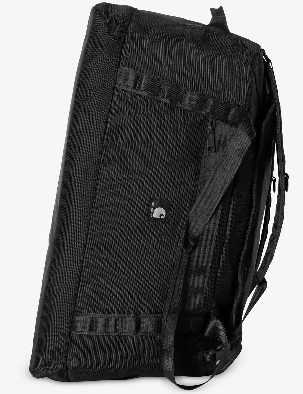 Black large duffle bag with side logo patch and adjustable shoulder strap