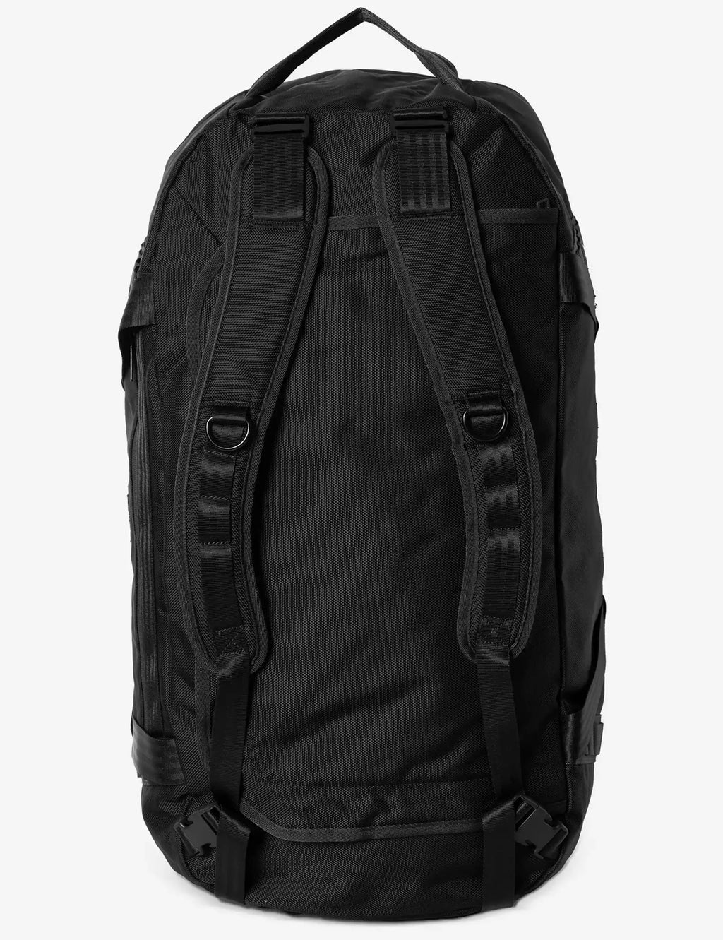 Black large duffle bag with two front webbing straps and buckle details