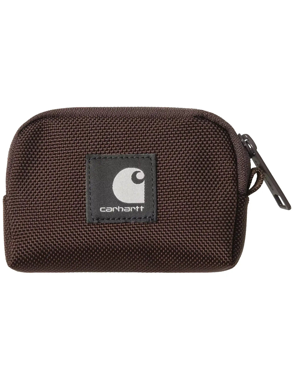 Brown textured coin wallet with Carhartt logo patch and zipper pull