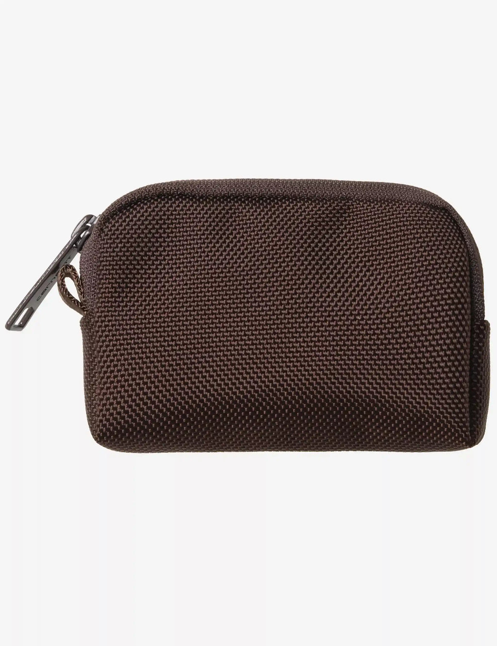 Brown textured coin wallet front view with side zipper and metal pull