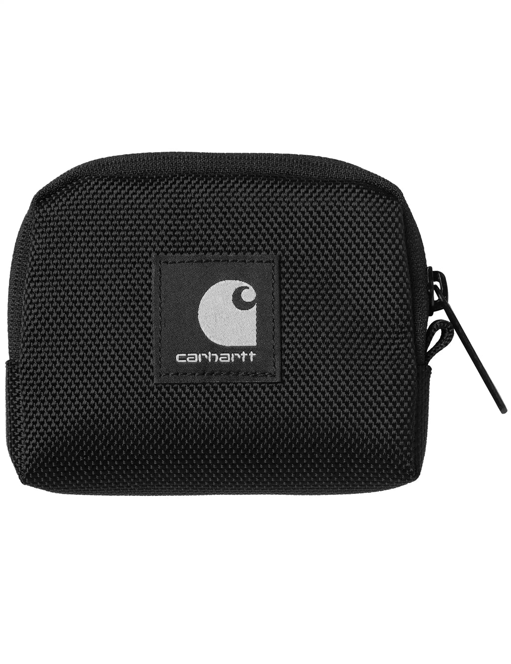 Black textured coin wallet with zip and Carhartt logo patch