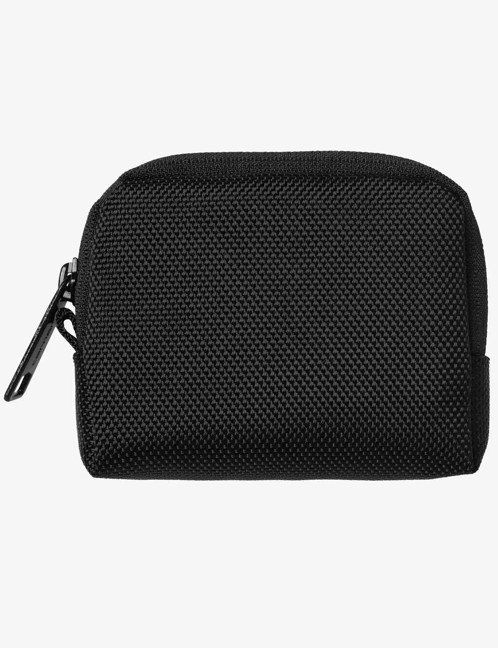 Black coin wallet with zip closure and textured fabric