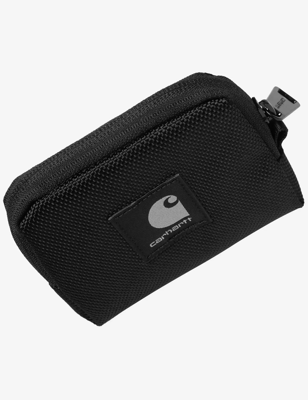 Black coin wallet angled view with textured weave, logo patch, and zipper tab