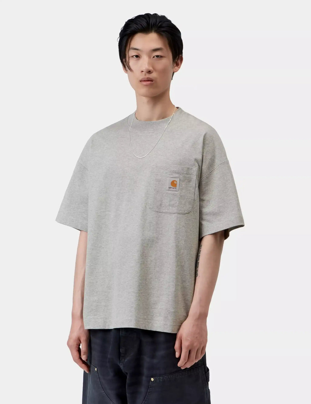 Grey heather work t-shirt with chest pocket and logo patch, crew neck