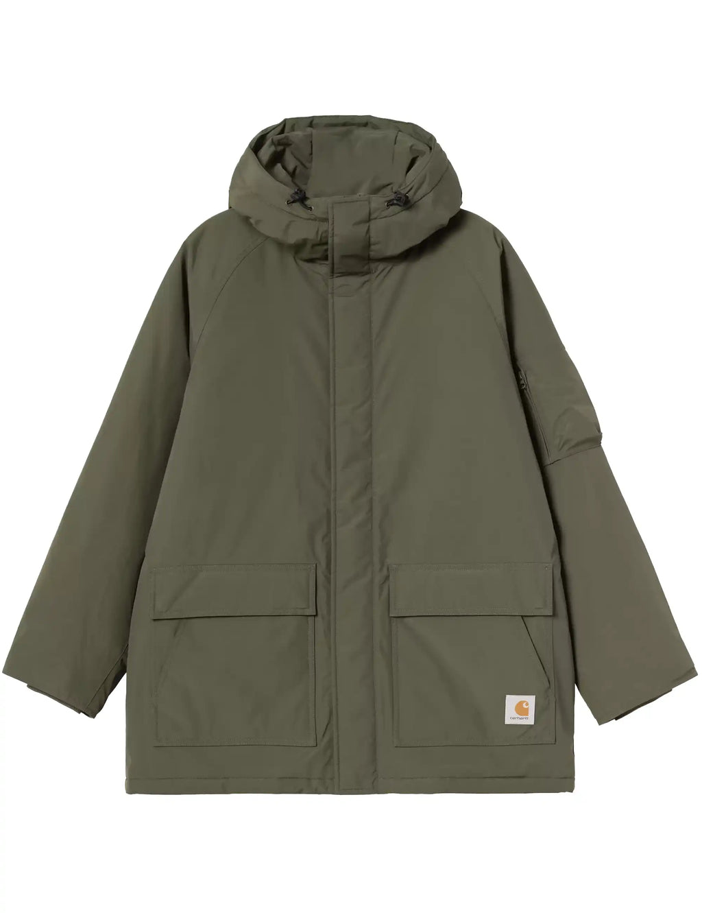 Stanwood Parka in Cypress green with hood and snap front, front patch pockets