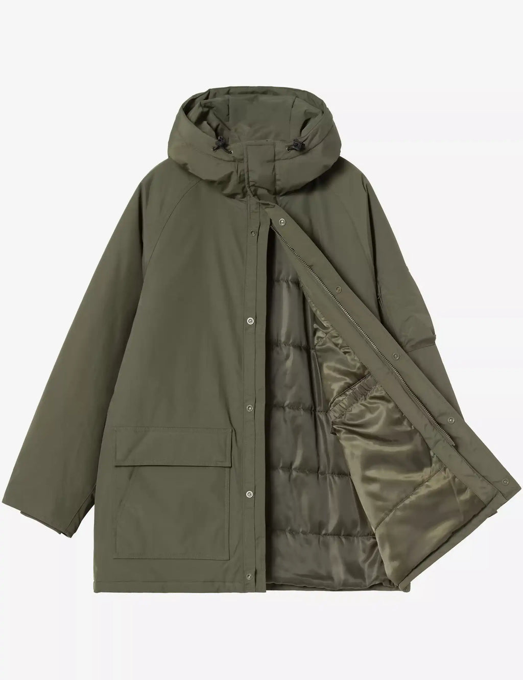 Stanwood Parka in Cypress green with hood and partially open front showing lining