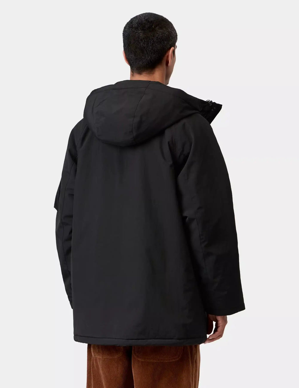 Black parka with hood and back view; long sleeves and curved hem