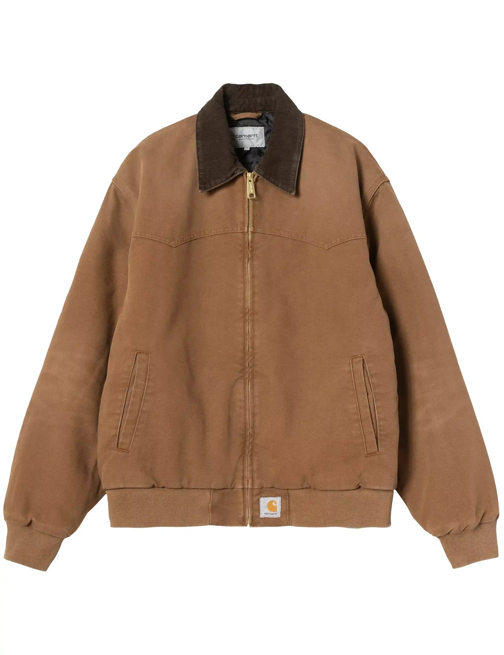Carhartt WIP Santa Fe jacket in tan-brown with dark collar, full zip, ribbed cuffs