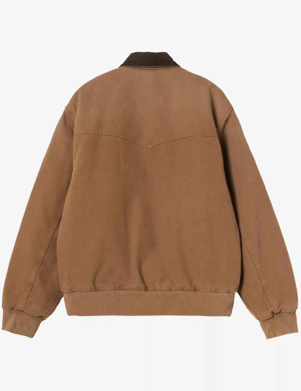 Tan-brown jacket back view with ribbed stand collar and ribbed hem and cuffs