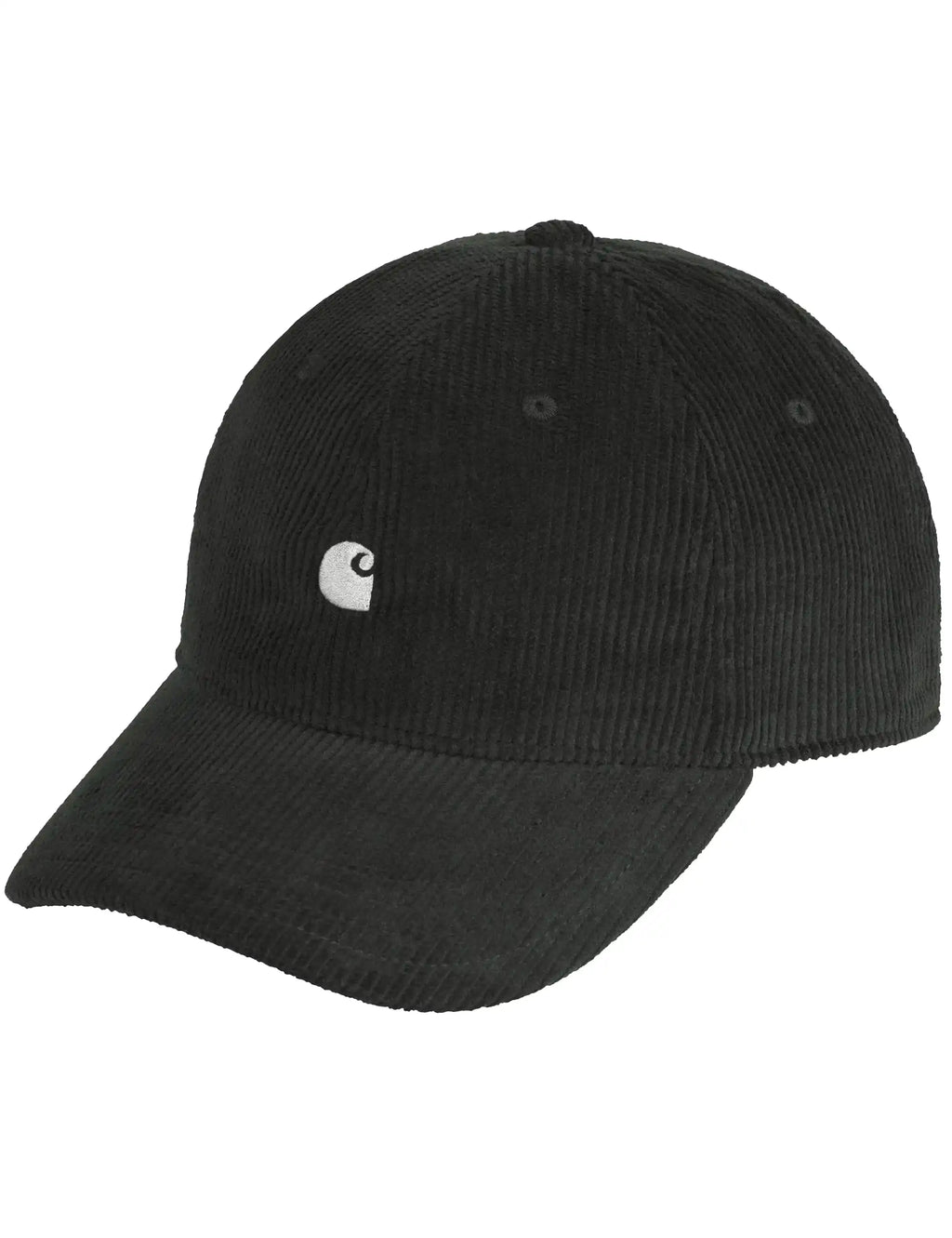 Dark corduroy baseball cap with a white logo on the front panel