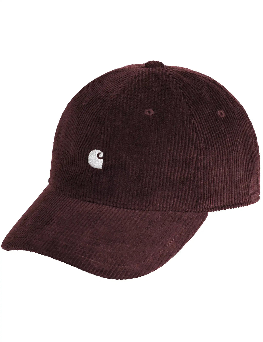 Harlem cord cap in burgundy corduroy, white side logo on curved brim