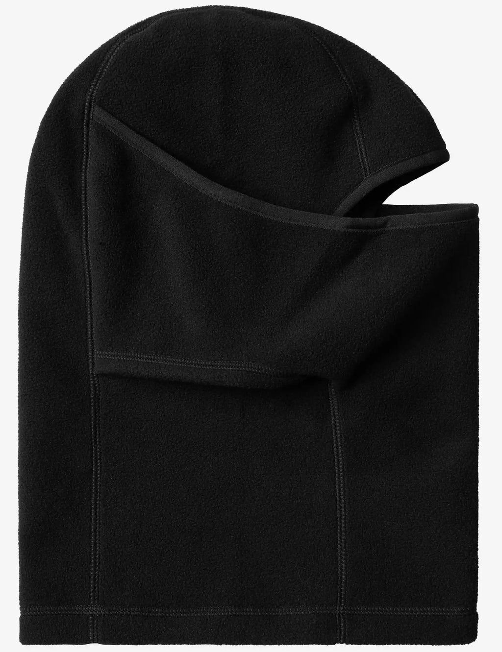 Black fleece face mask with layered drape and visible stitched panels