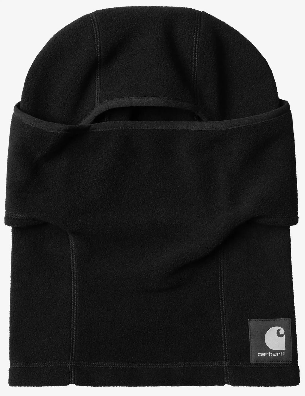 Black fleece face mask with front drape and Carhartt logo label at lower edge