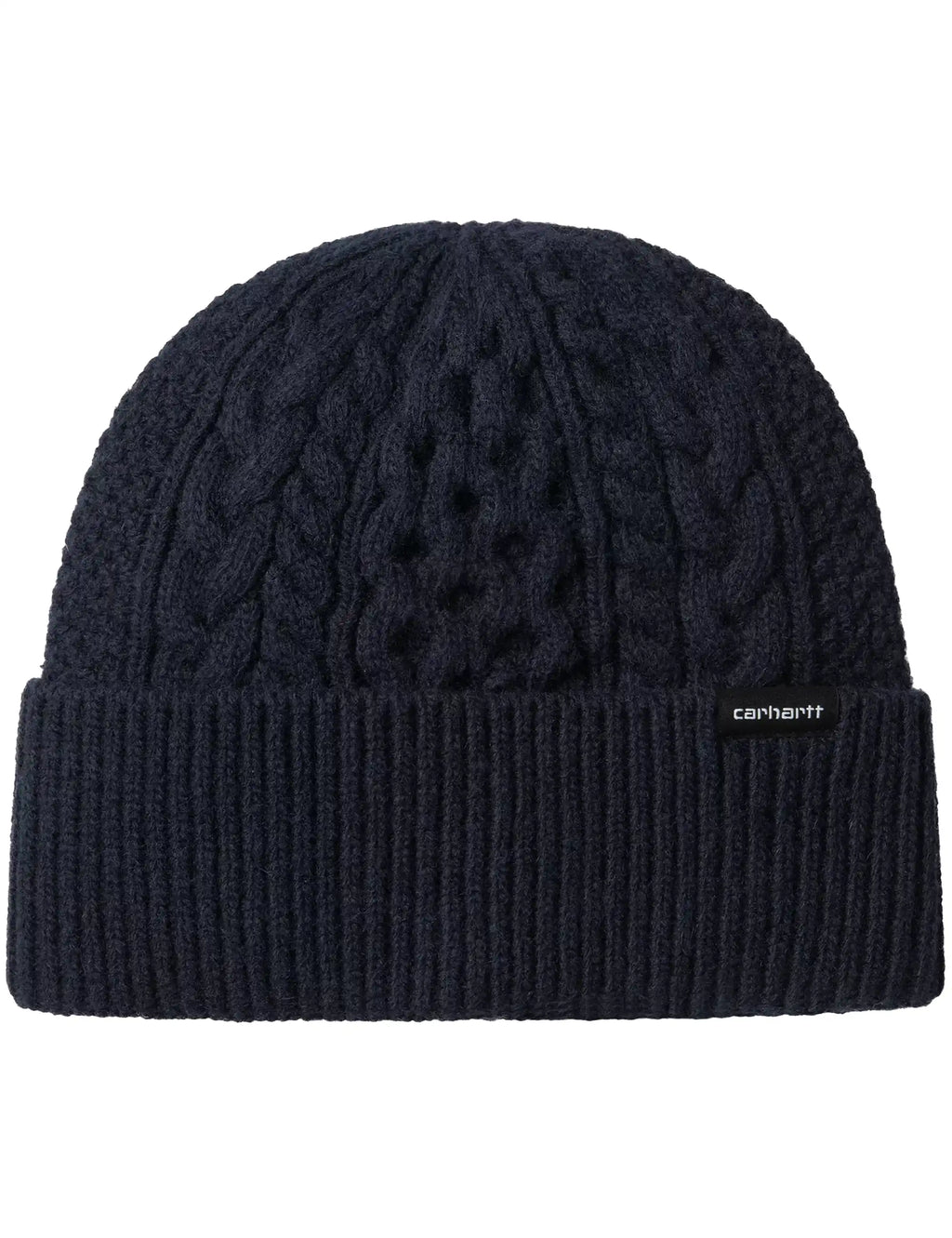 Dark navy knit beanie with ribbed cuff and small carhartt logo patch