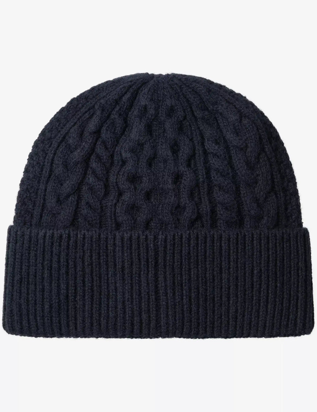 Dark navy cable-knit beanie with ribbed cuff