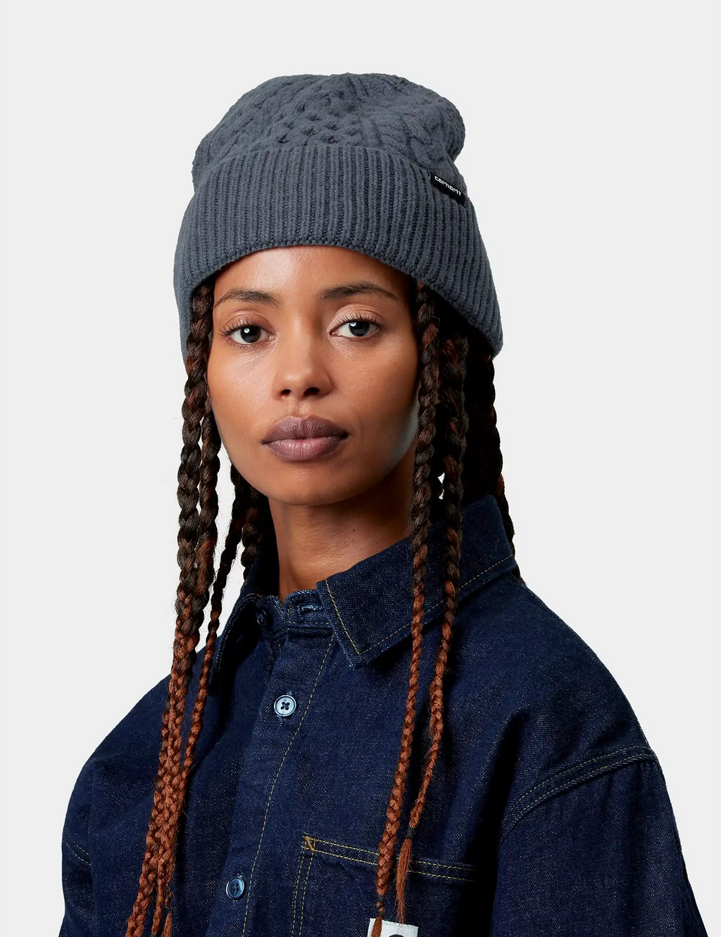 Styx dark gray knit beanie hat with folded ribbed cuff and small side logo tag