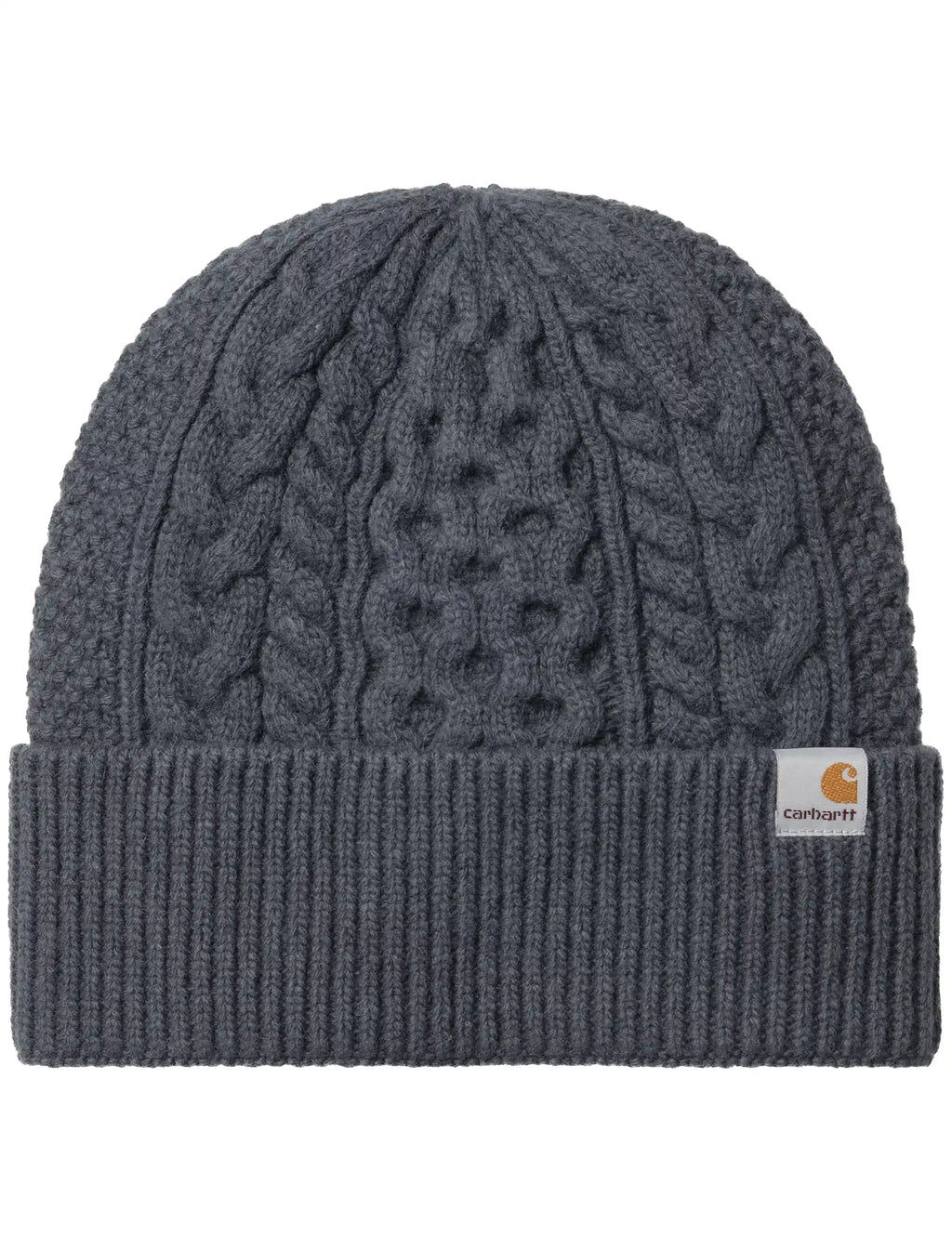 Styx cable-knit beanie hat in dark gray with ribbed cuff and rectangular logo patch