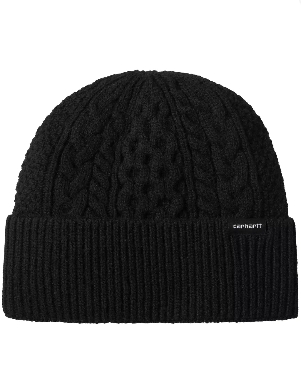 Black knit beanie with ribbed cuff and Carhartt logo tag