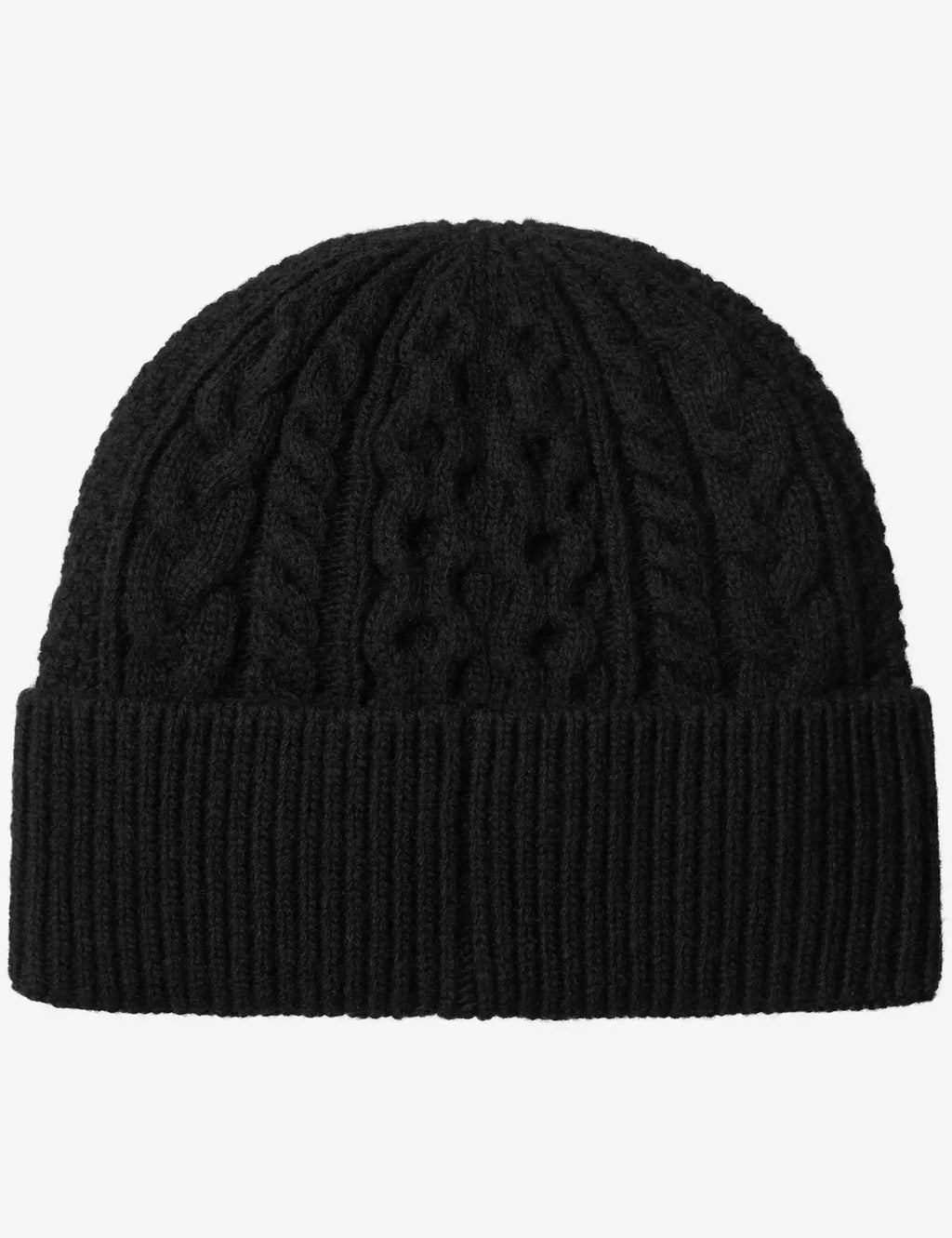 Black cable-knit beanie with ribbed cuff, folded top