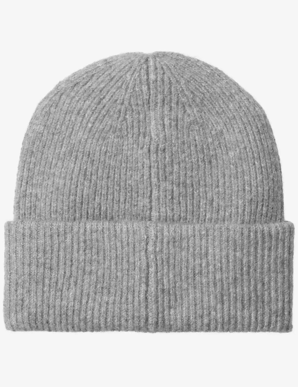 Shady grey ribbed knit beanie hat with fold-up cuff, no logo visible