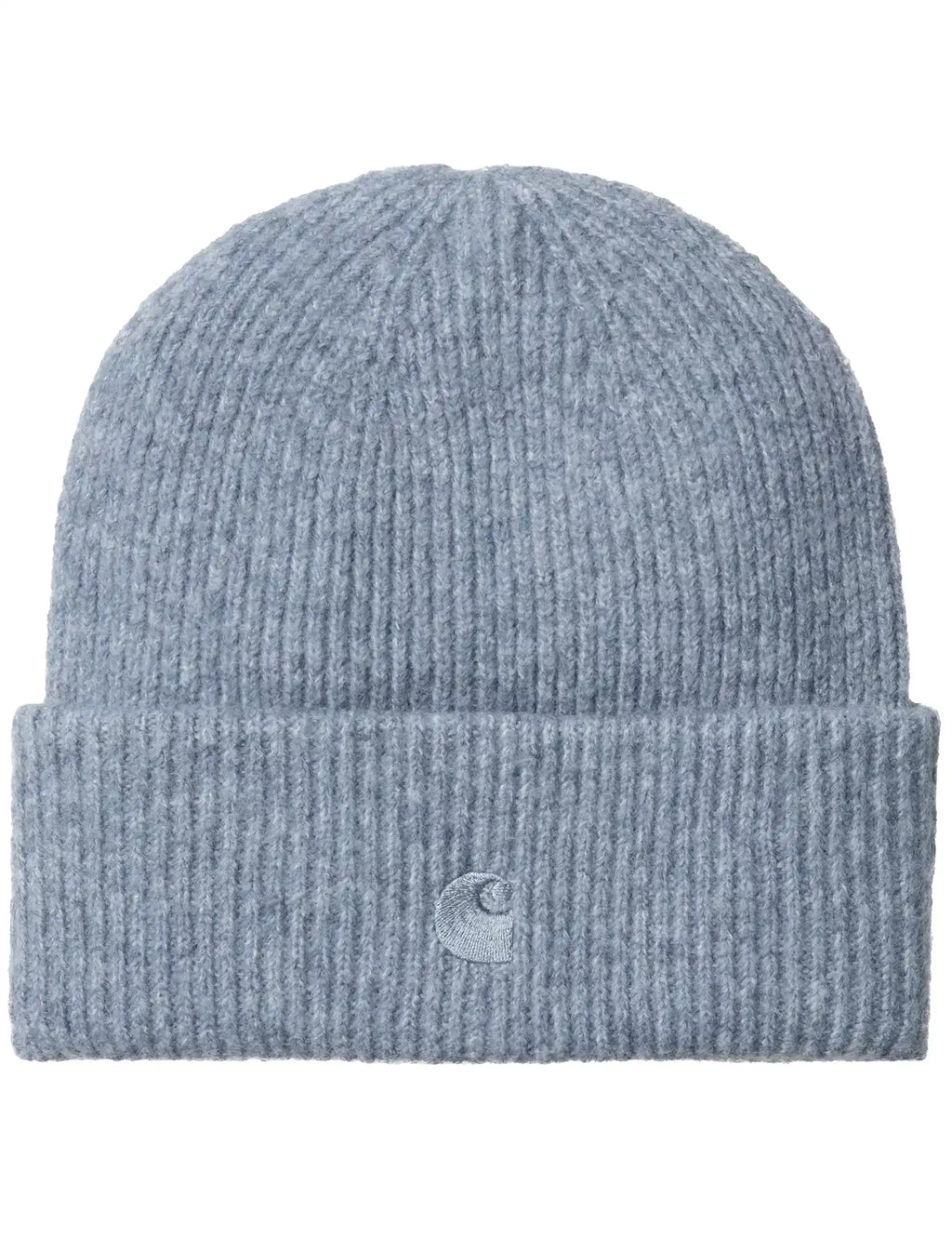 Light blue ribbed beanie hat with folded cuff and small front logo emblem.