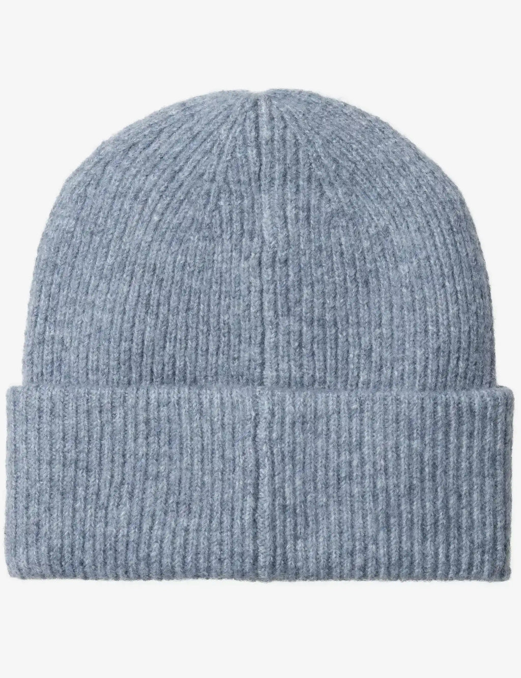 Light blue ribbed beanie hat with folded cuff and textured knit.