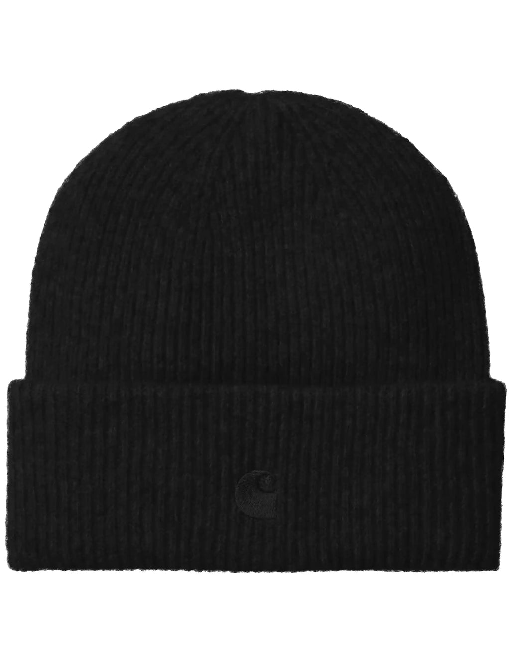 Black ribbed beanie hat with folded cuff and small logo