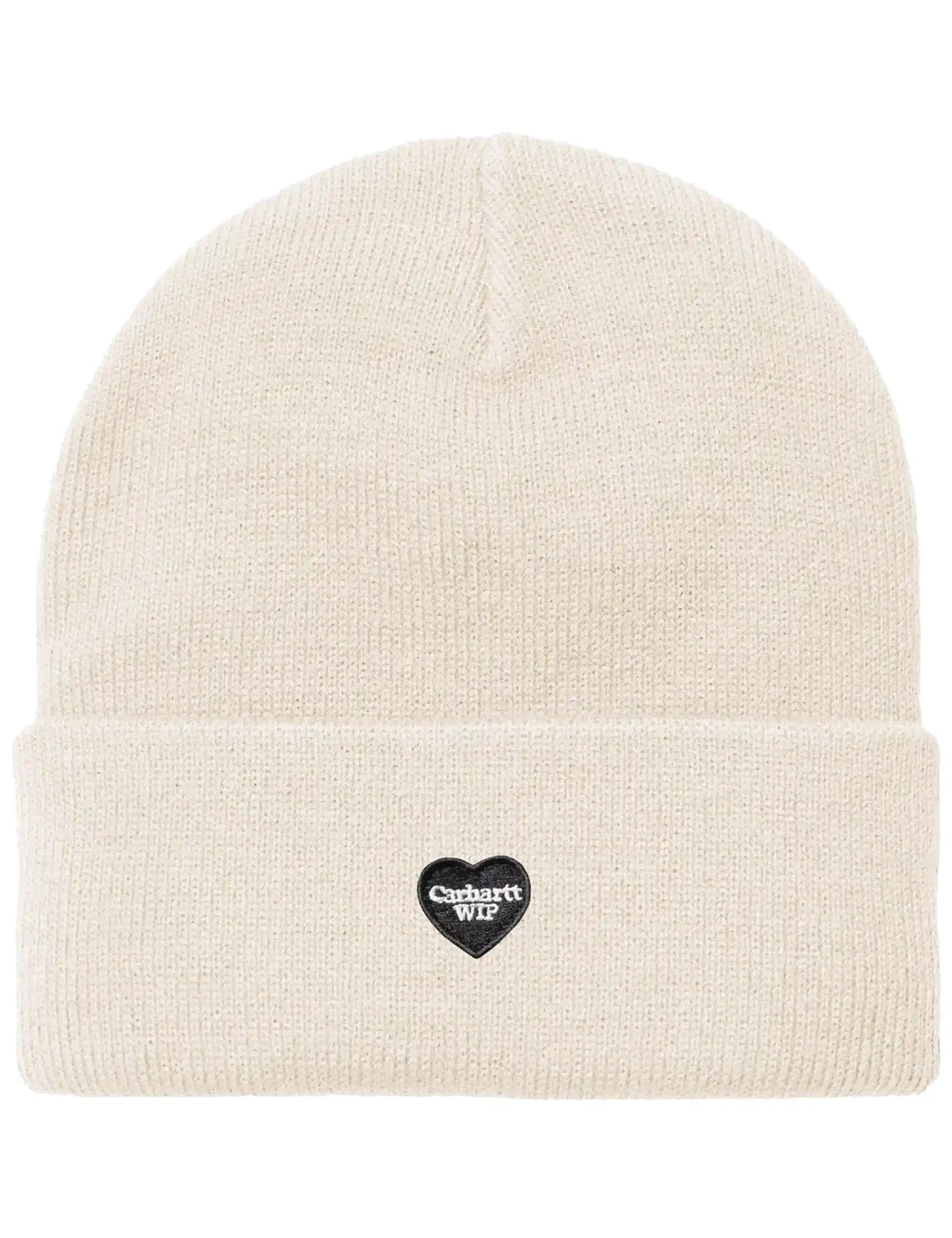 Natural knit beanie with folded cuff and heart logo patch at center