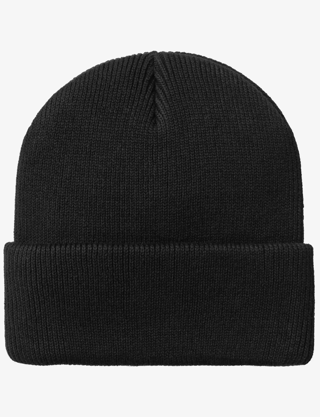 Black knit beanie hat with folded cuff and plain front