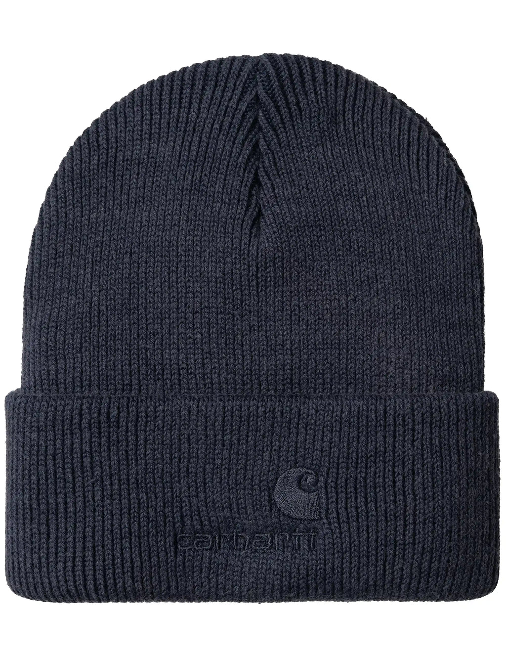 Dark navy ribbed knit beanie with front logo patch and folded cuff