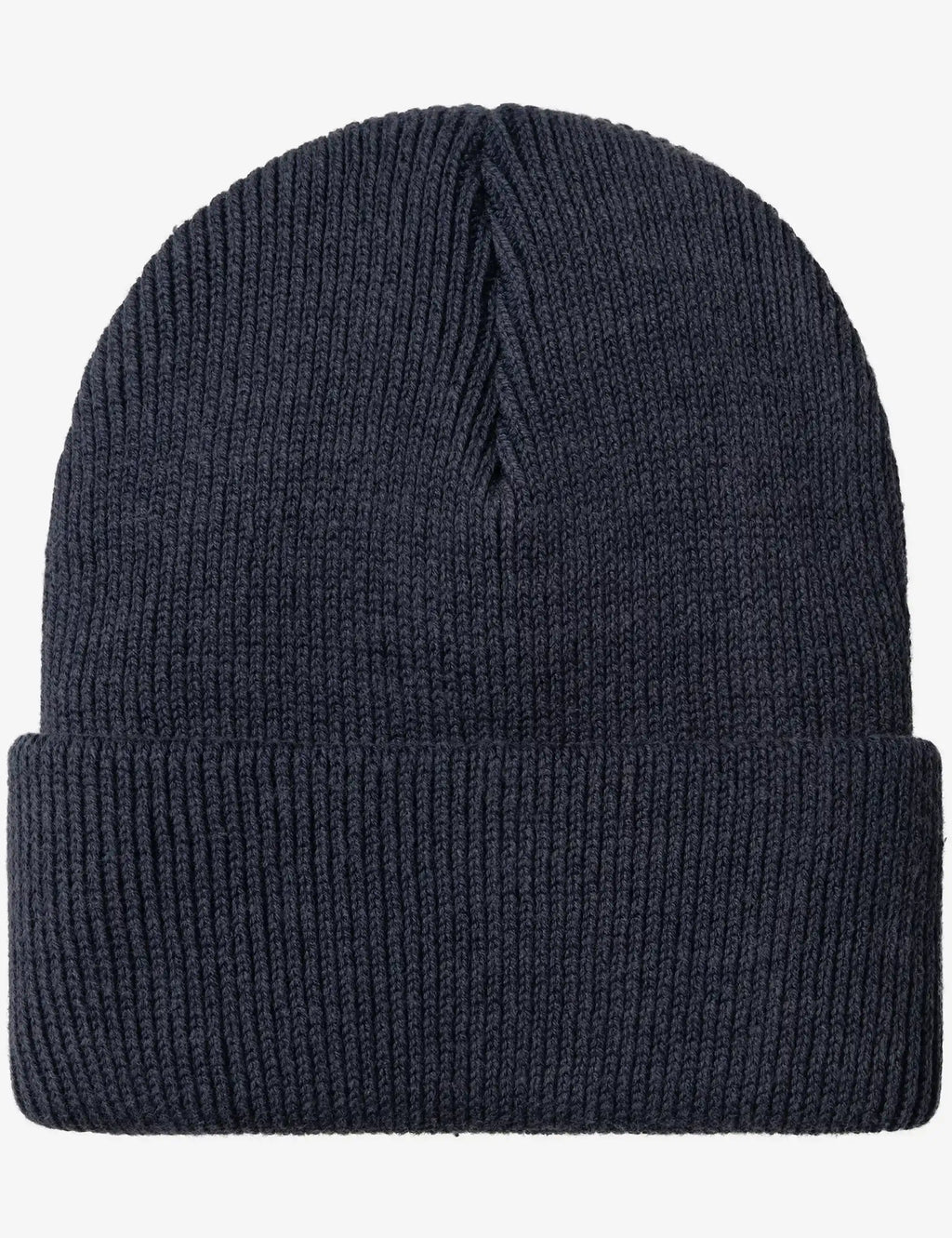 Dark navy ribbed knit beanie hat with folded cuff and stitched top seam