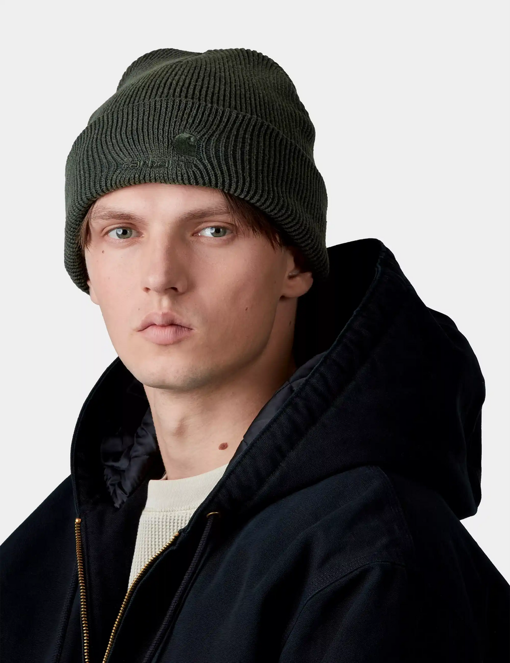 Lambert beanie hat in dark green rib knit, folded cuff