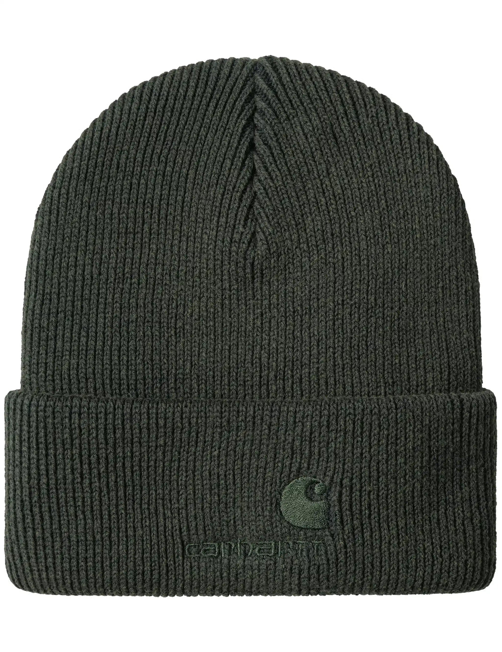 Dark green ribbed beanie hat with logo patch on cuff