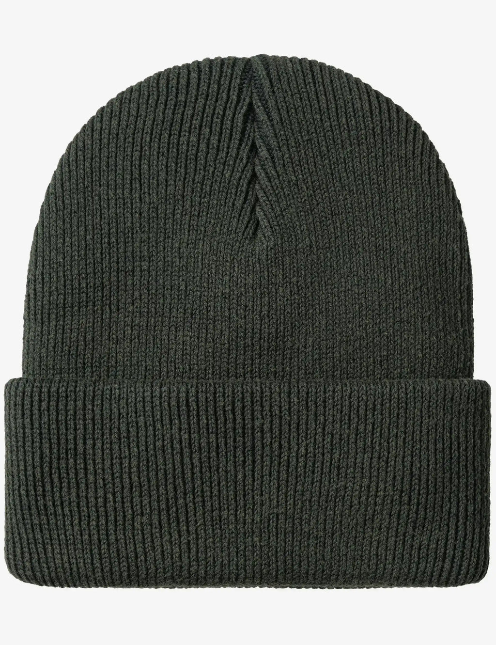 Dark green ribbed beanie hat, knit crown and folded cuff