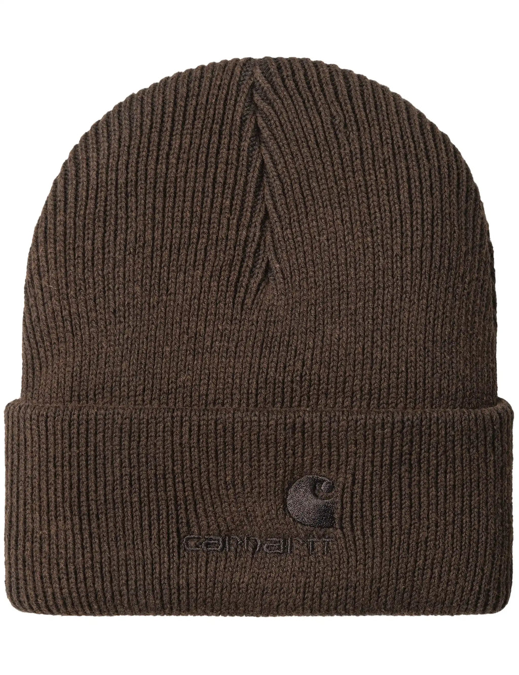 Tobacco-brown knit beanie hat with folded cuff and Carhartt patch logo