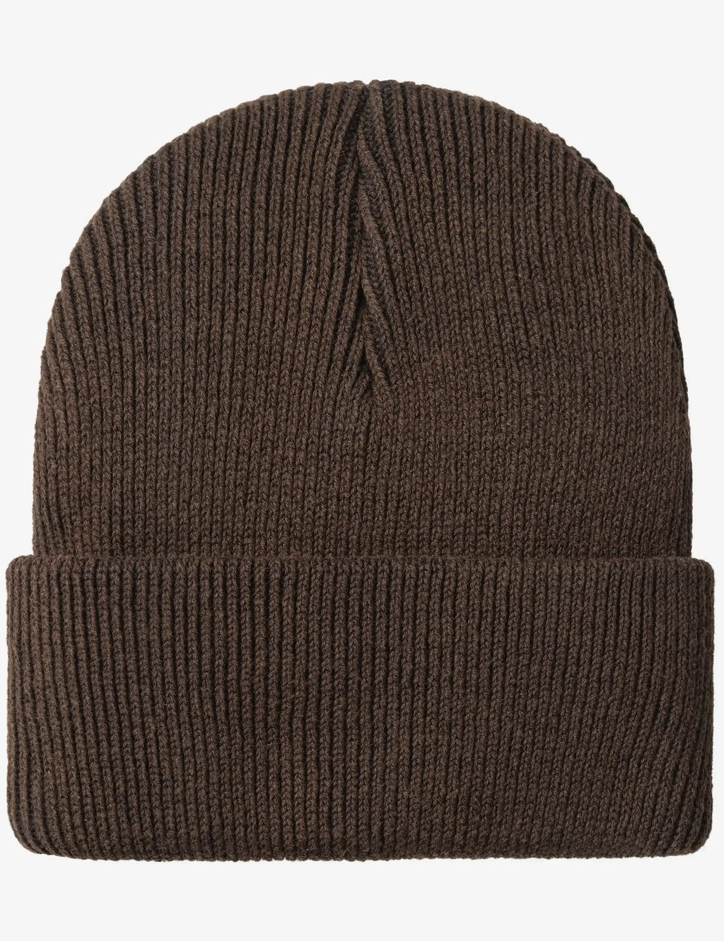 Tobacco-brown ribbed knit beanie with folded cuff, no logo visible
