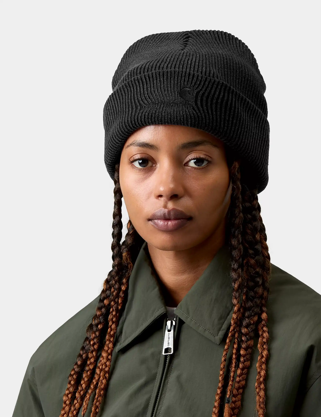 Lambert black ribbed knit beanie hat with folded cuff