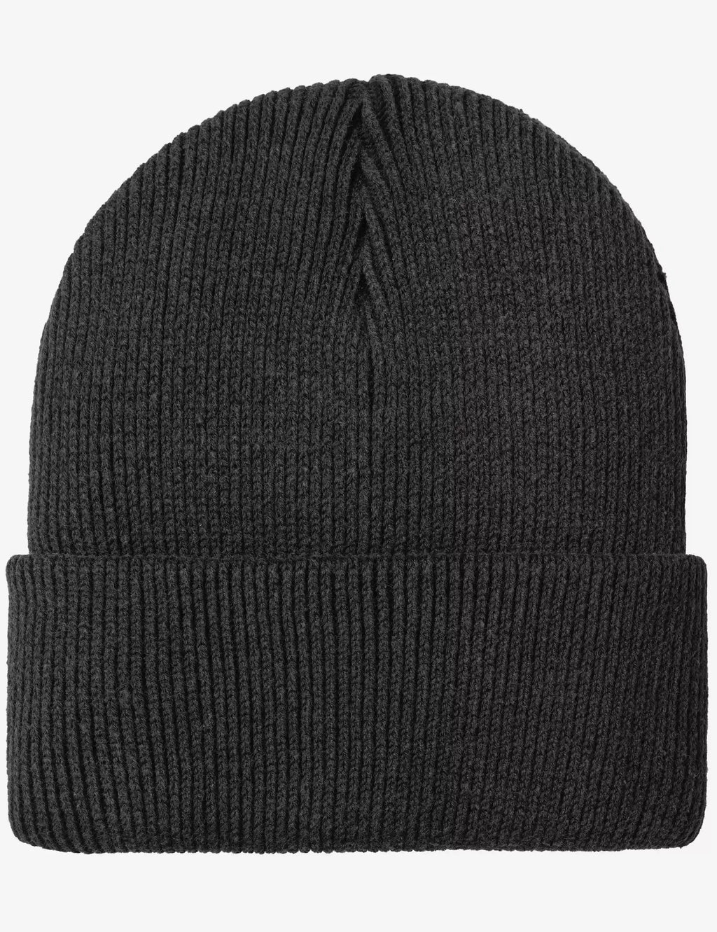 Lambert black ribbed knit beanie hat, side profile with folded cuff