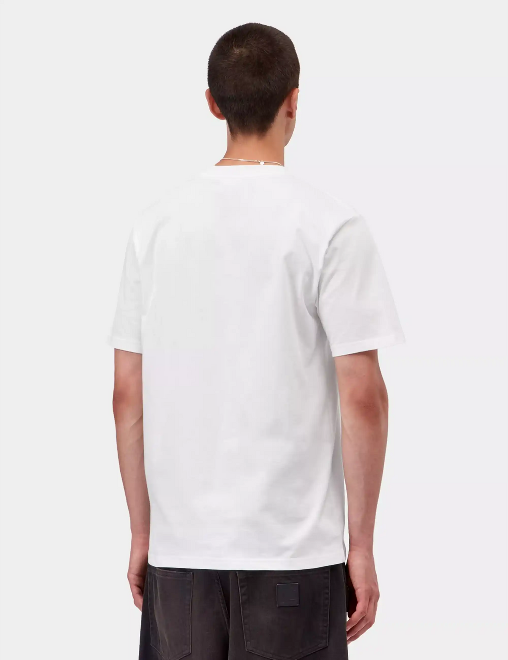 White T-shirt back view, crew neck, short sleeves