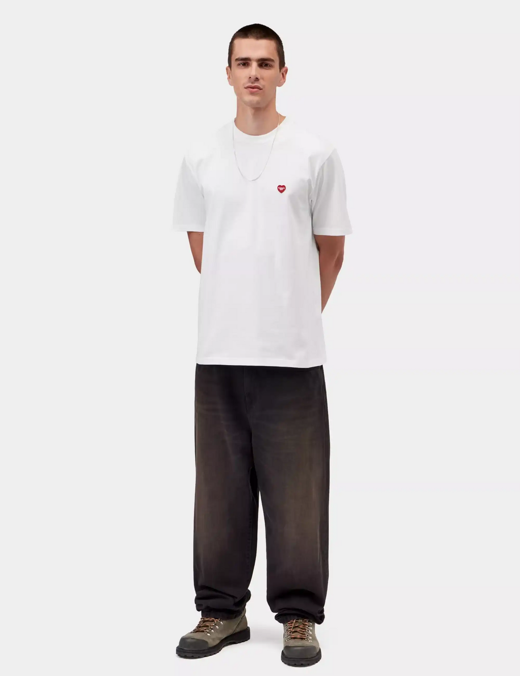 White T-shirt with small red heart chest graphic, crew neck