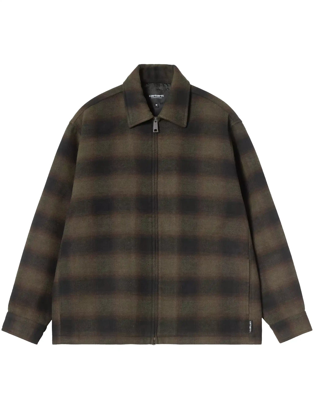 Plaid zip-up jacket with stand collar, dark green and brown check, long sleeves
