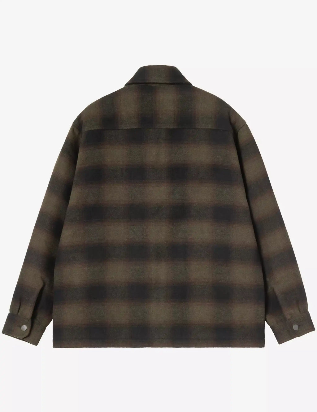 Plaid zip-up jacket with stand collar, dark check pattern, long sleeves